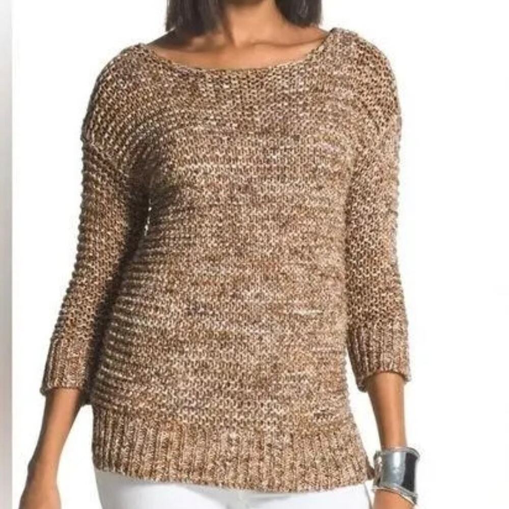 NWT Chicos Chunky Marled Knit Sweater Size S Brown Textured Boat Neck 3/4 Sleeve
